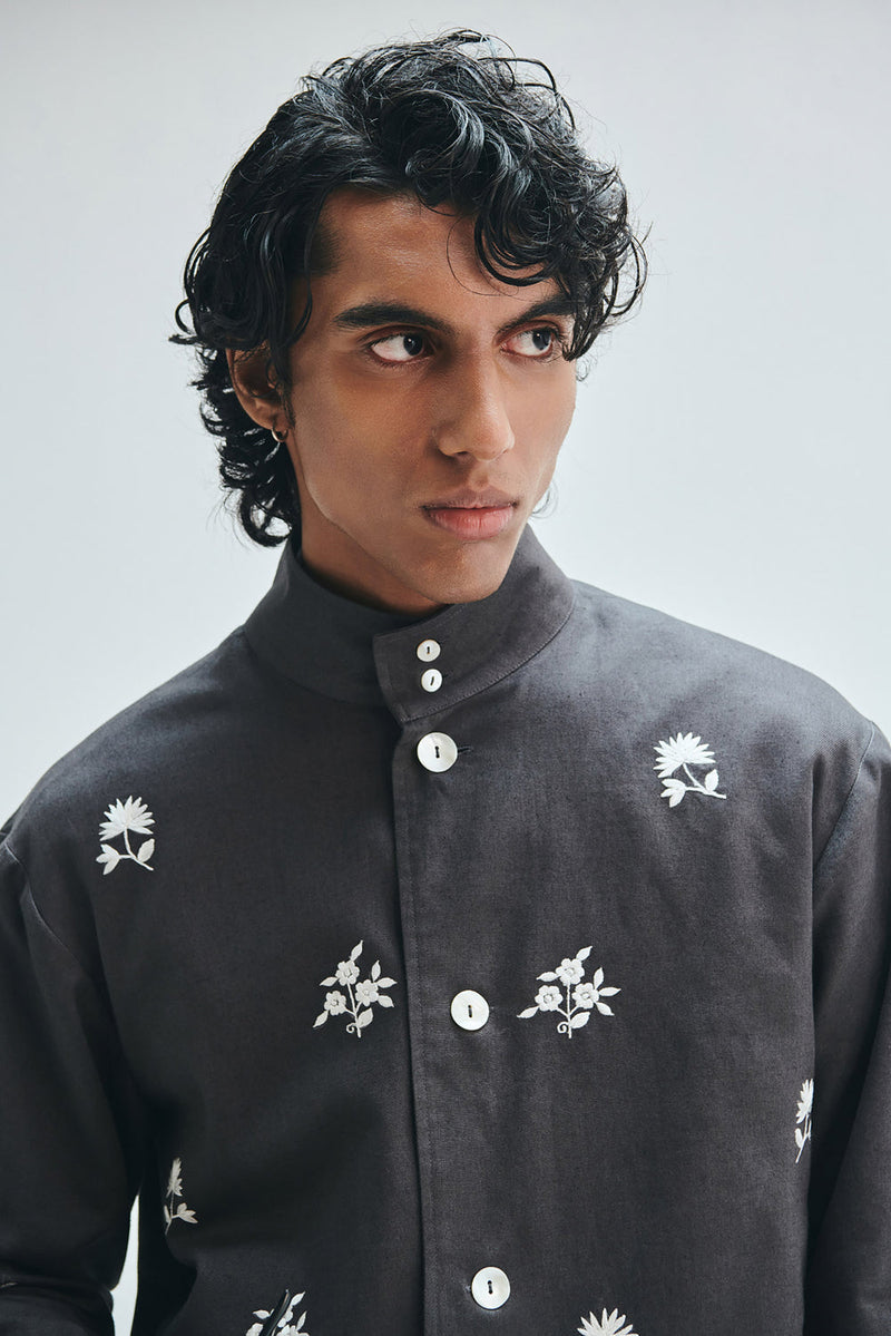Pebble Co-Linen Embroidered Men’s Stand Collar Jacket cotton linen jacket by Saphed Men in grey for men in Singapore