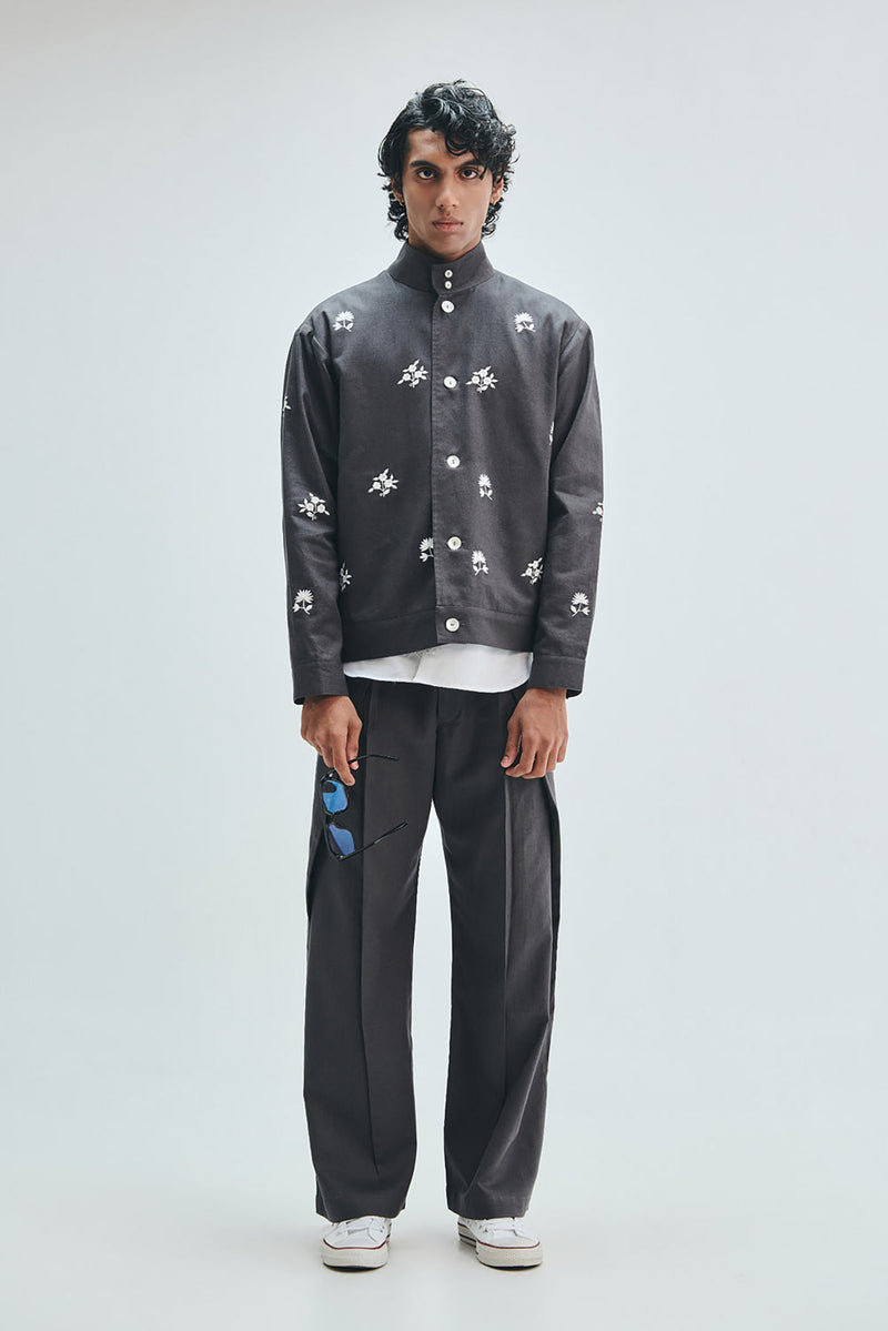 Pebble Co-Linen Embroidered Men’s Stand Collar Jacket cotton linen jacket by Saphed Men in grey for men in Singapore