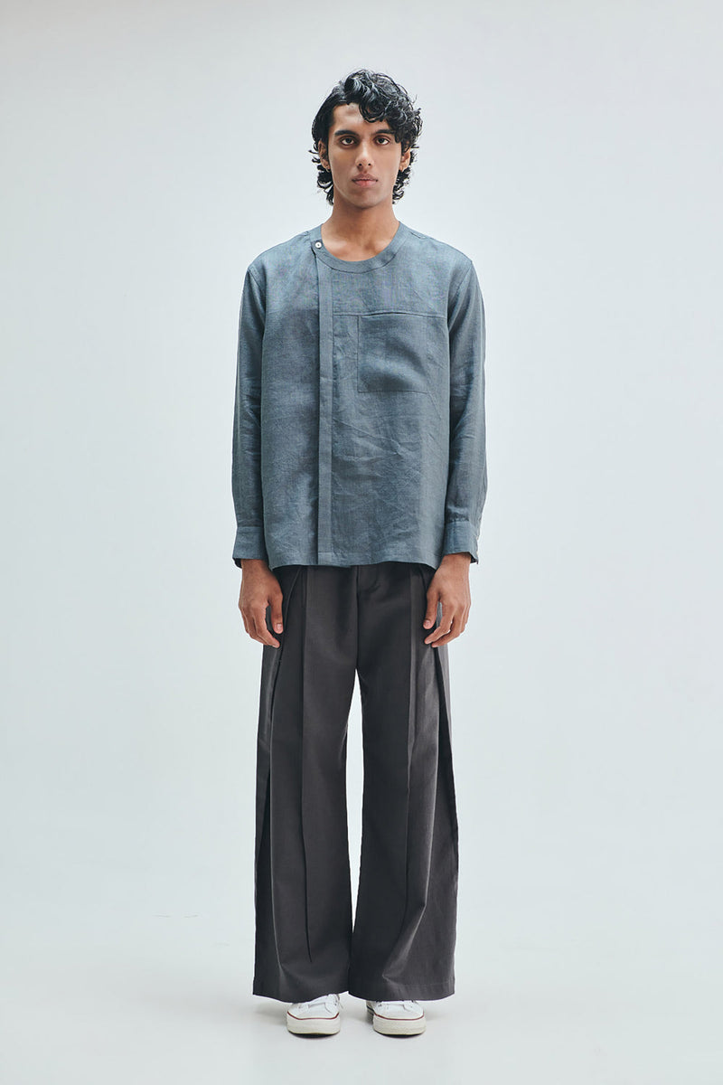 Slate Linen Men’s Side Placket Shirt linen shirt by Saphed Men in grey for men in Singapore