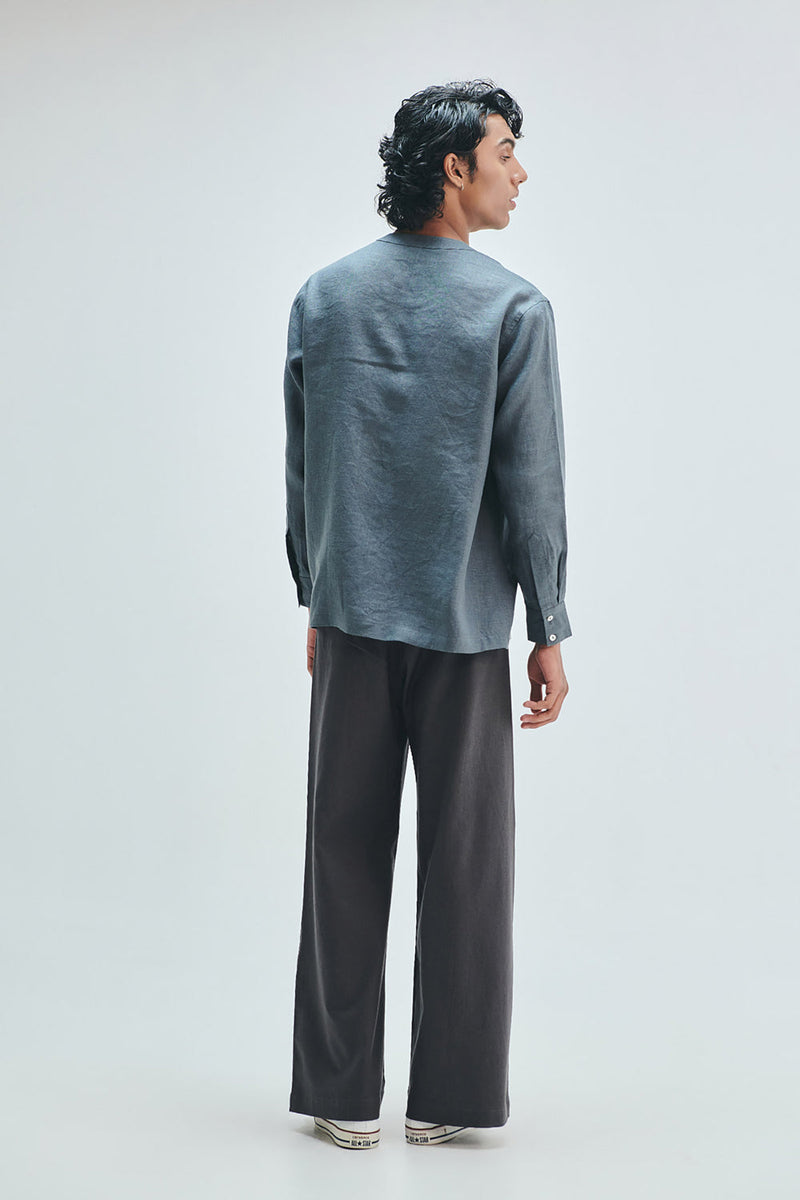 Slate Linen Men’s Side Placket Shirt linen shirt by Saphed Men in grey for men in Singapore