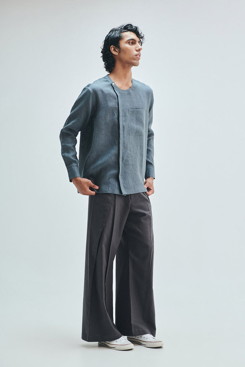 Slate Linen Men’s Side Placket Shirt linen shirt by Saphed Men in grey for men in Singapore