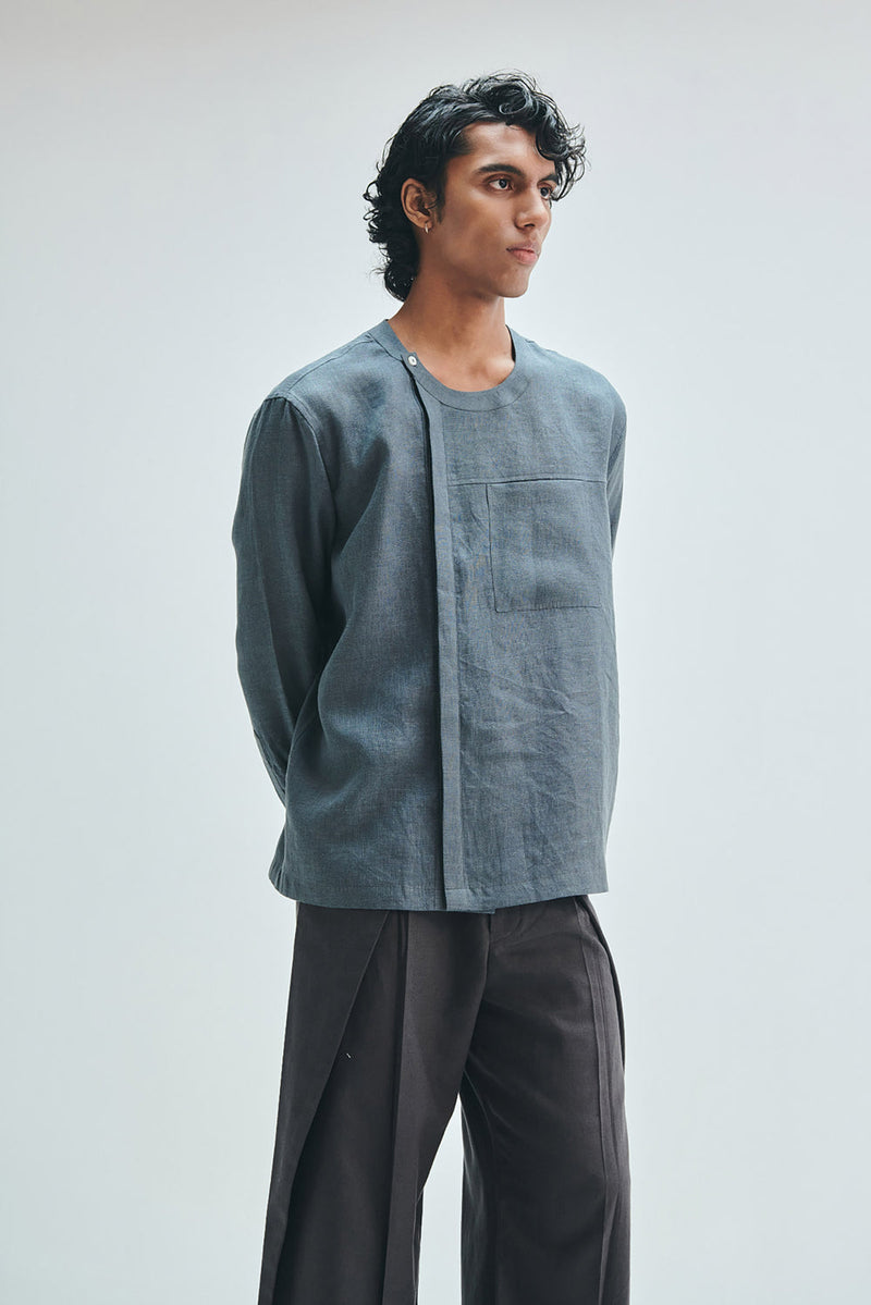 Slate Linen Men’s Side Placket Shirt linen shirt by Saphed Men in grey for men in Singapore