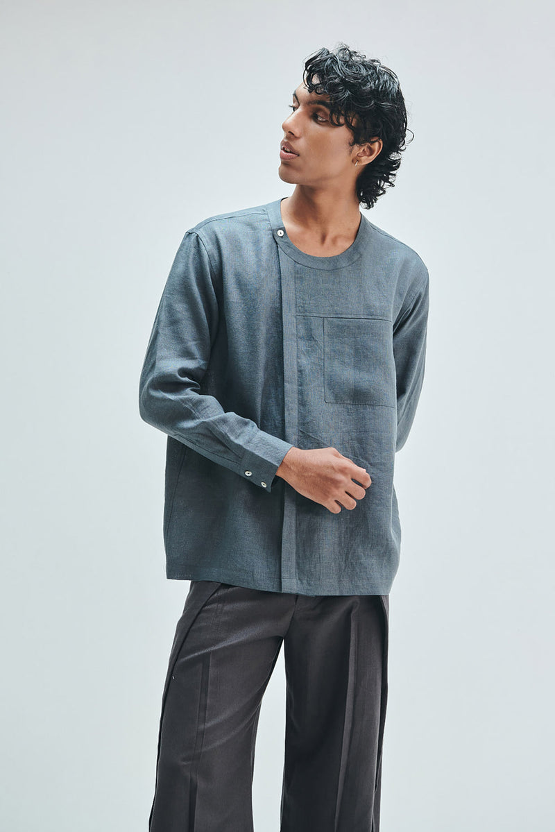 Slate Linen Men’s Side Placket Shirt linen shirt by Saphed Men in grey for men in Singapore