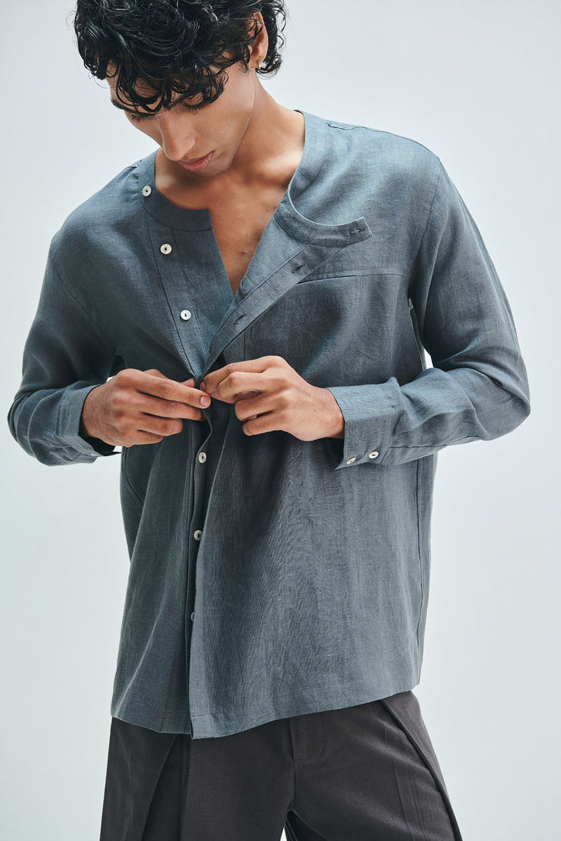 Slate Linen Men’s Side Placket Shirt linen shirt by Saphed Men in grey for men in Singapore