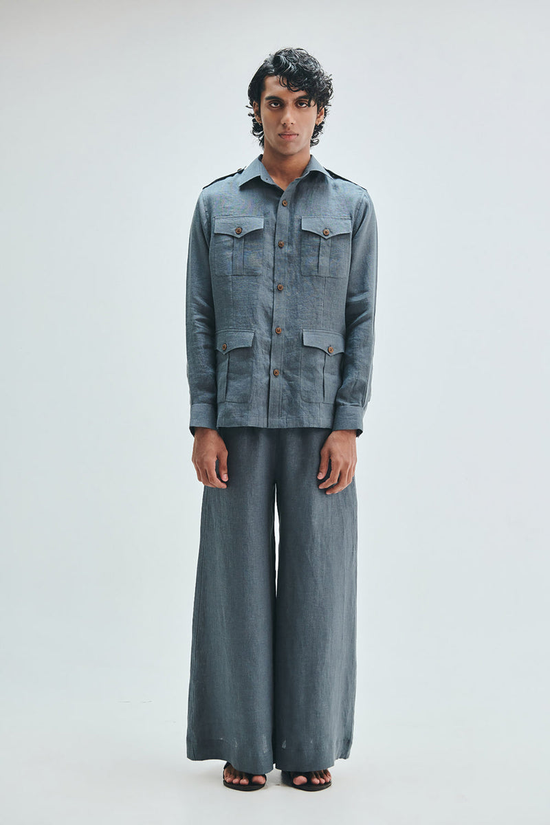 Slate Linen Men’s Safari Overshirt Set linen co-ord set by Saphed Men in grey for men in Singapore