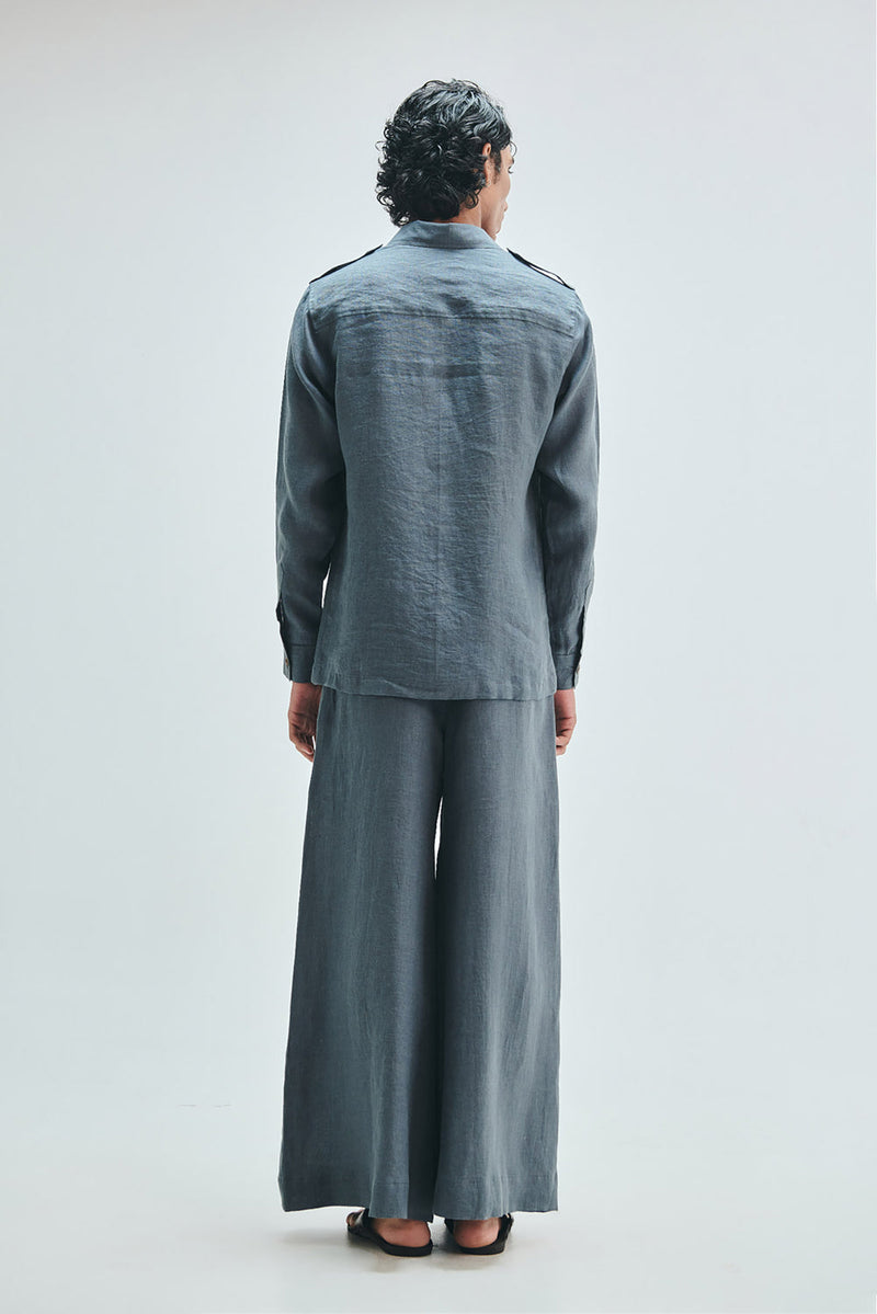Slate Linen Men’s Safari Overshirt Set linen co-ord set by Saphed Men in grey for men in Singapore