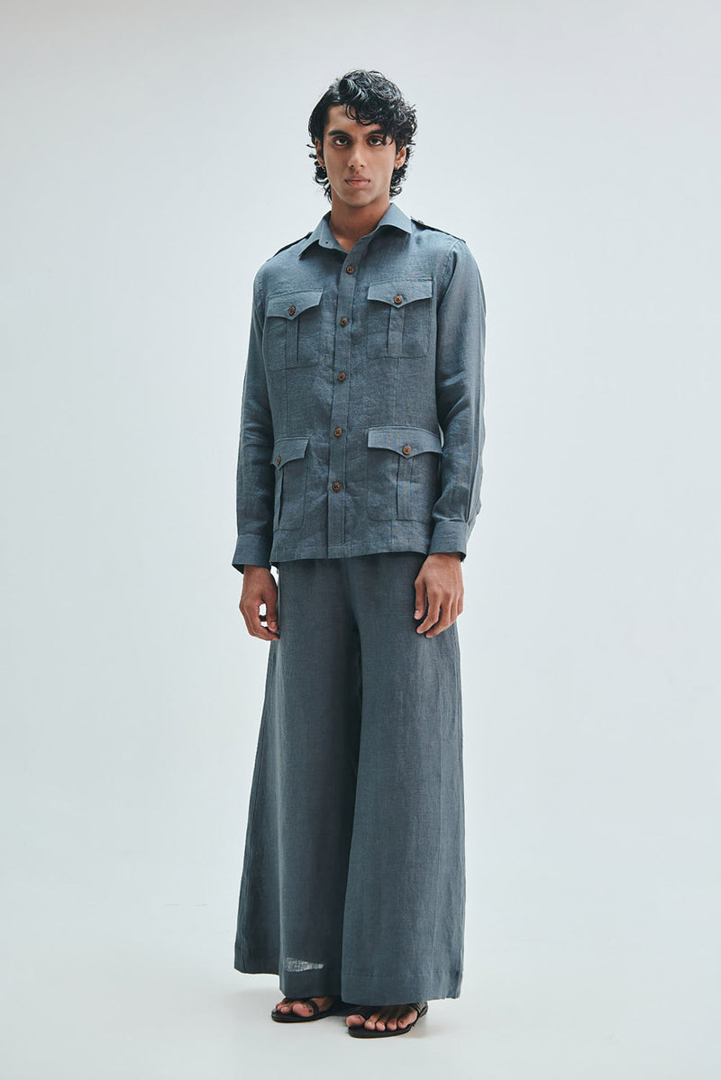 Slate Linen Men’s Safari Overshirt linen shirt by Saphed Men in grey for men in Singapore