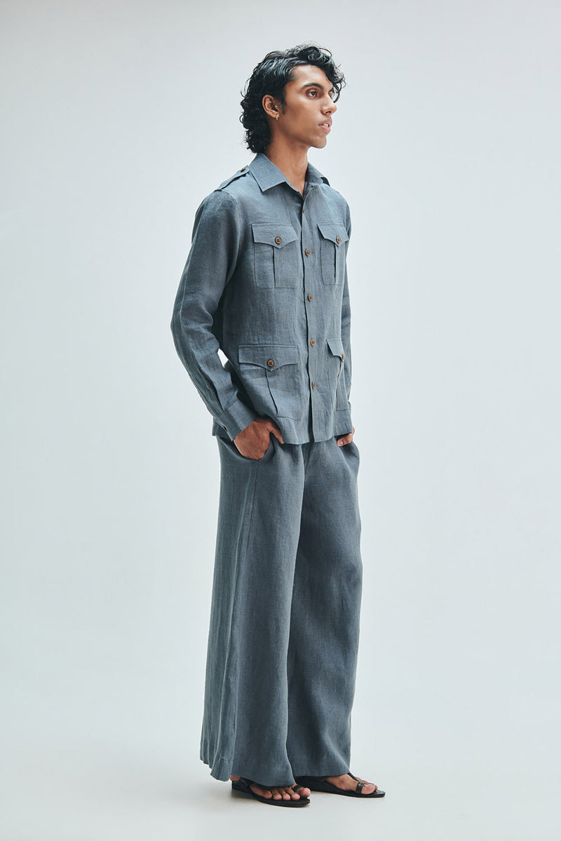 Slate Linen Men’s Safari Overshirt linen shirt by Saphed Men in grey for men in Singapore