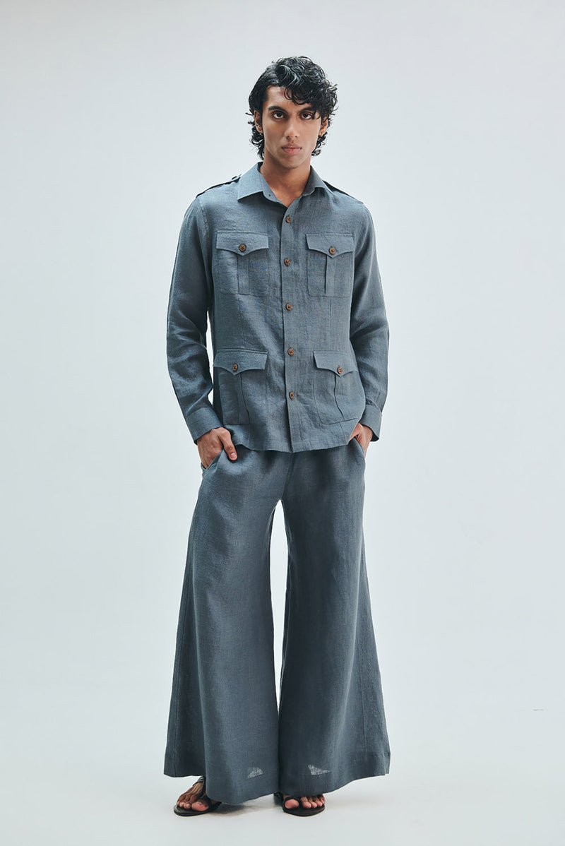 Slate Linen Men’s Safari Overshirt Set linen co-ord set by Saphed Men in grey for men in Singapore
