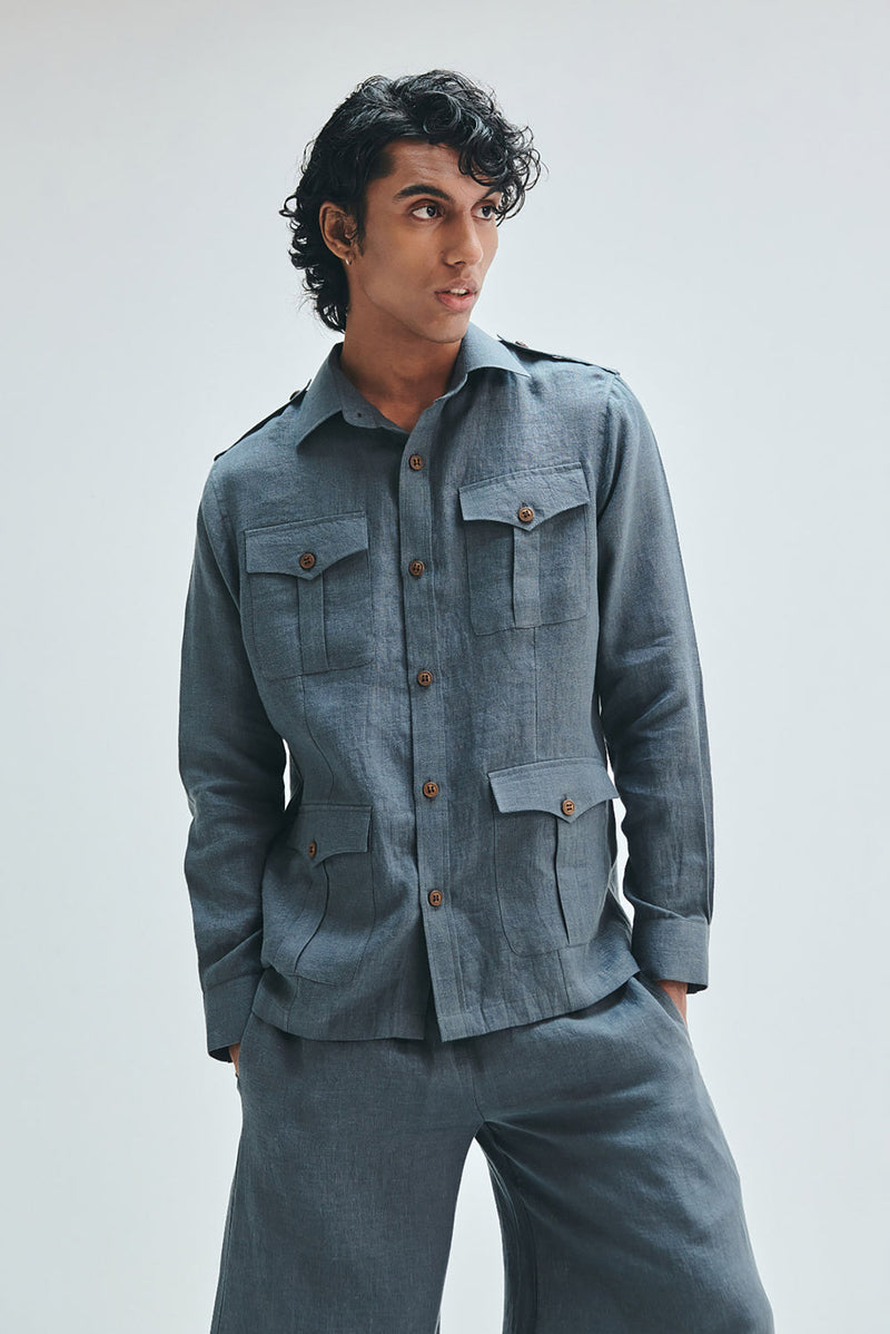 Slate Linen Men’s Safari Overshirt Set linen co-ord set by Saphed Men in grey for men in Singapore