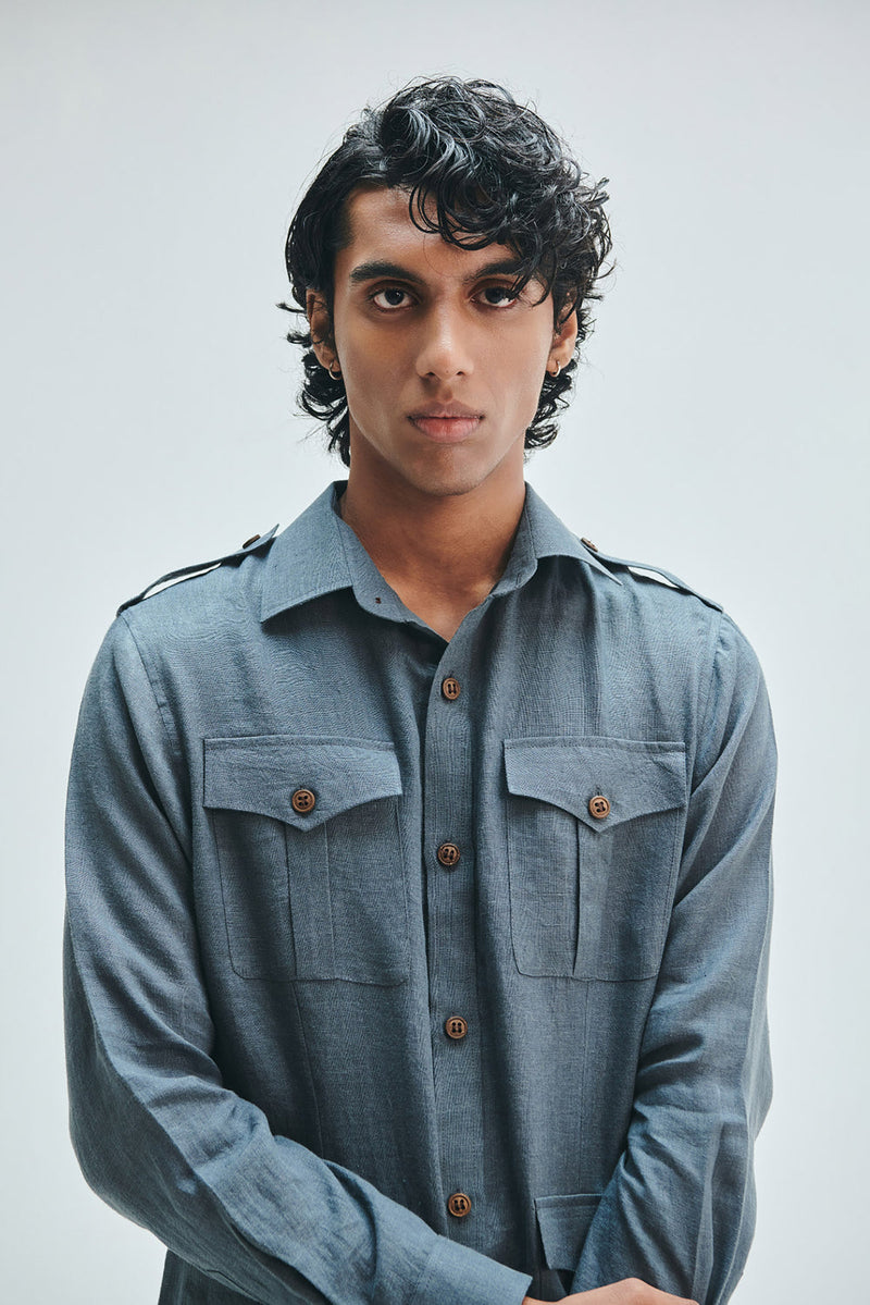 Slate Linen Men’s Safari Overshirt Set linen co-ord set by Saphed Men in grey for men in Singapore