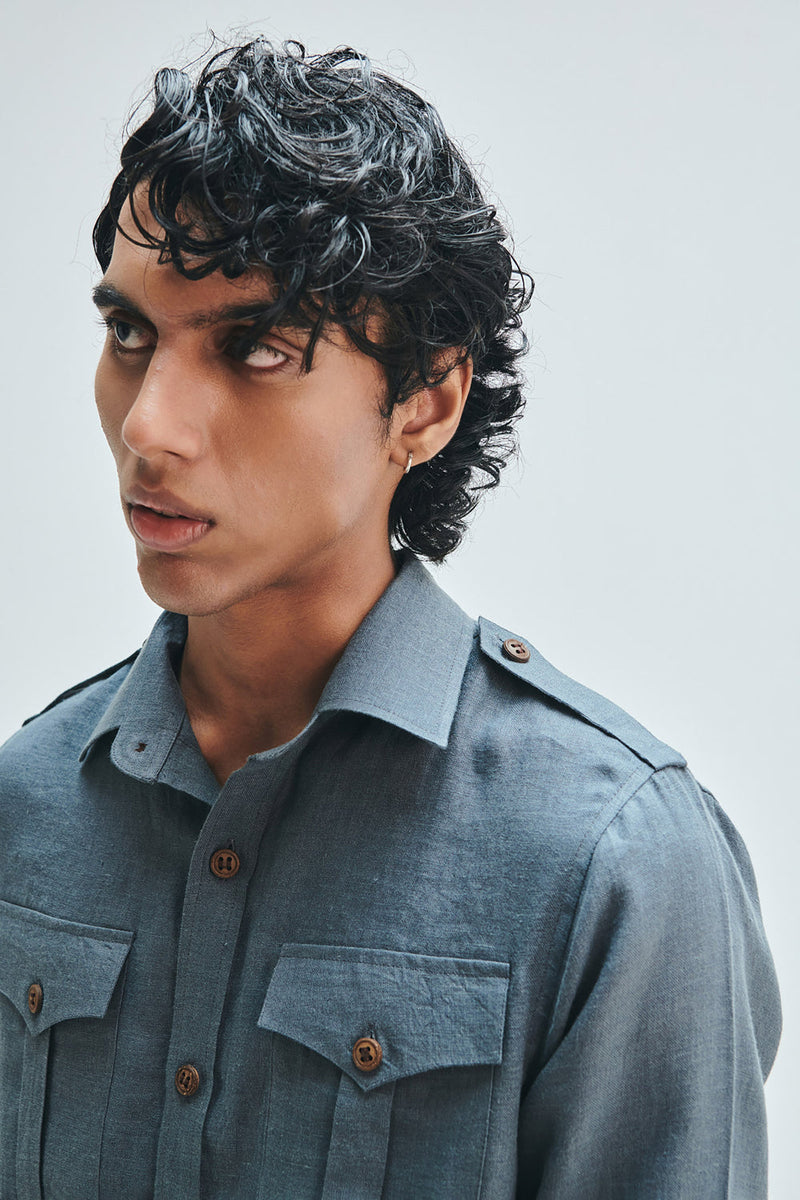 Slate Linen Men’s Safari Overshirt linen shirt by Saphed Men in grey for men in Singapore
