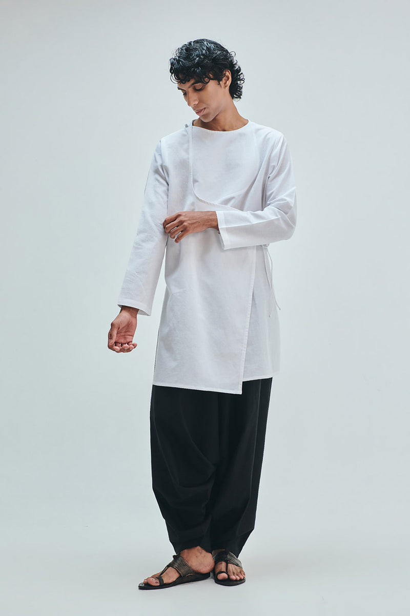 Taj Co-Linen Men’s Angrakha Kurta cotton linen kurta/kurta set by Saphed Men in white for men in Singapore