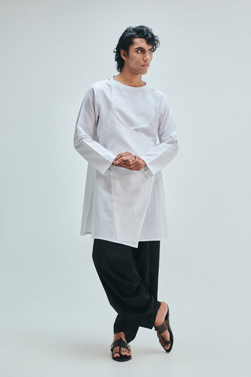 Taj Co-Linen Men’s Angrakha Kurta Set cotton linen kurta/kurta set by Saphed Men in white for men in Singapore
