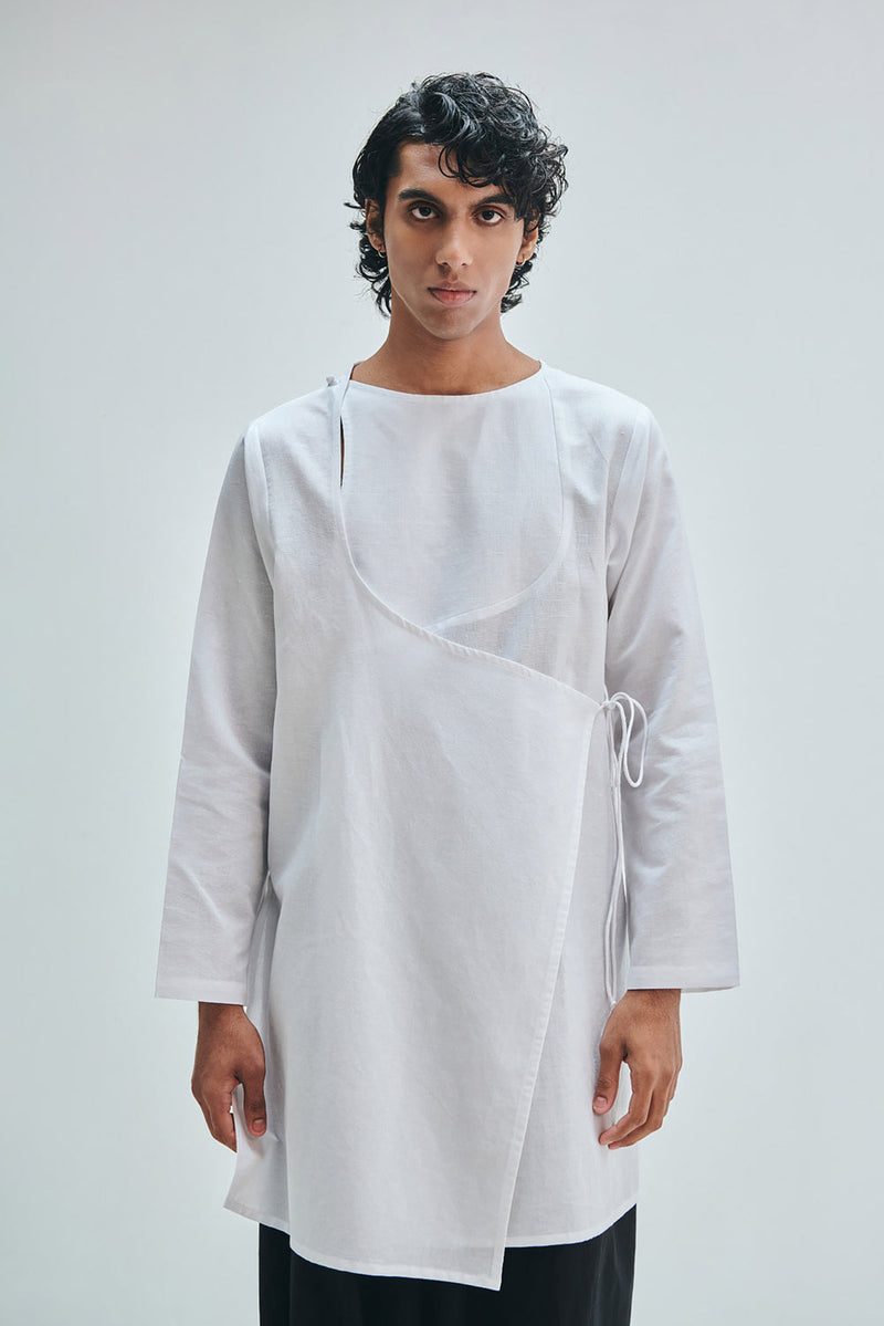 Taj Co-Linen Men’s Angrakha Kurta Set cotton linen kurta/kurta set by Saphed Men in white for men in Singapore
