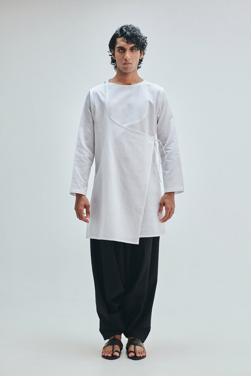 Taj Co-Linen Men’s Angrakha Kurta cotton linen kurta/kurta set by Saphed Men in white for men in Singapore