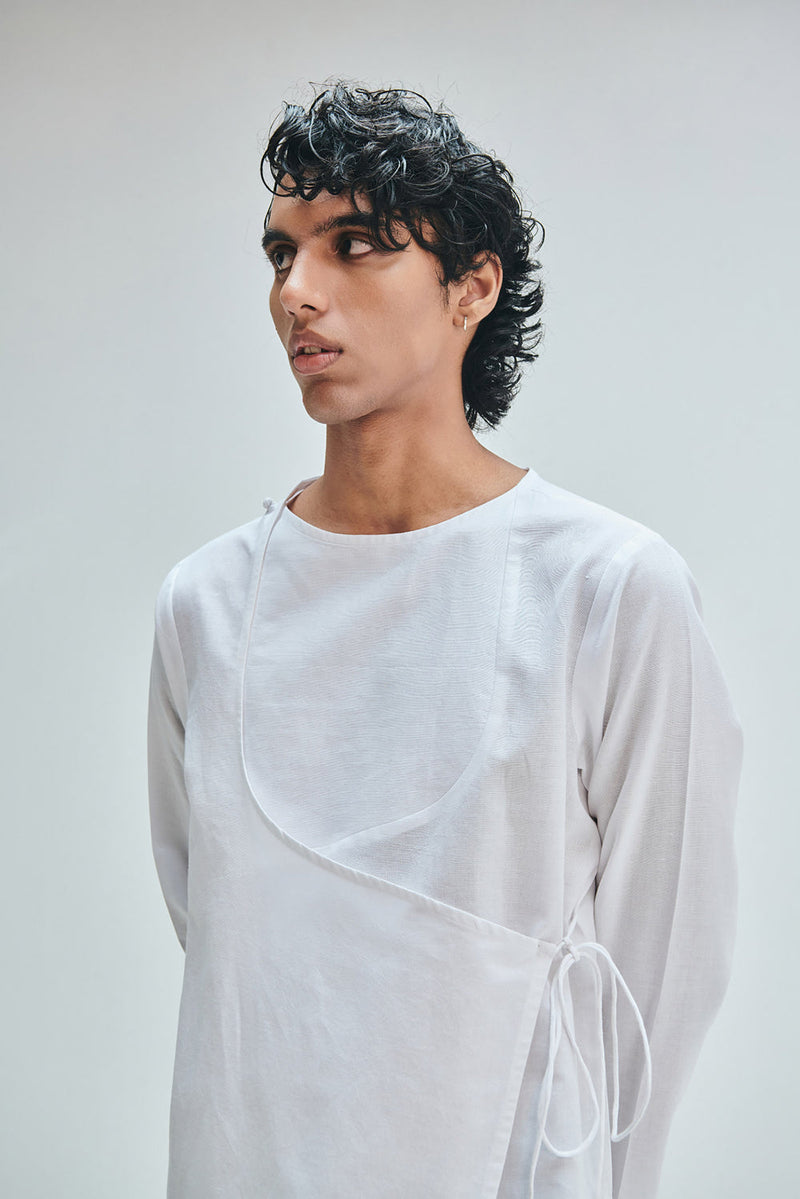 Taj Co-Linen Men’s Angrakha Kurta cotton linen kurta/kurta set by Saphed Men in white for men in Singapore