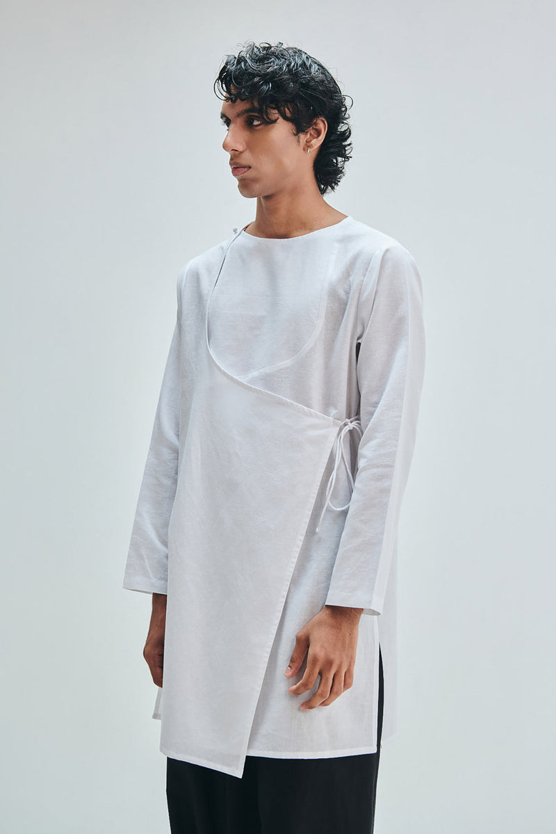 Taj Co-Linen Men’s Angrakha Kurta cotton linen kurta/kurta set by Saphed Men in white for men in Singapore