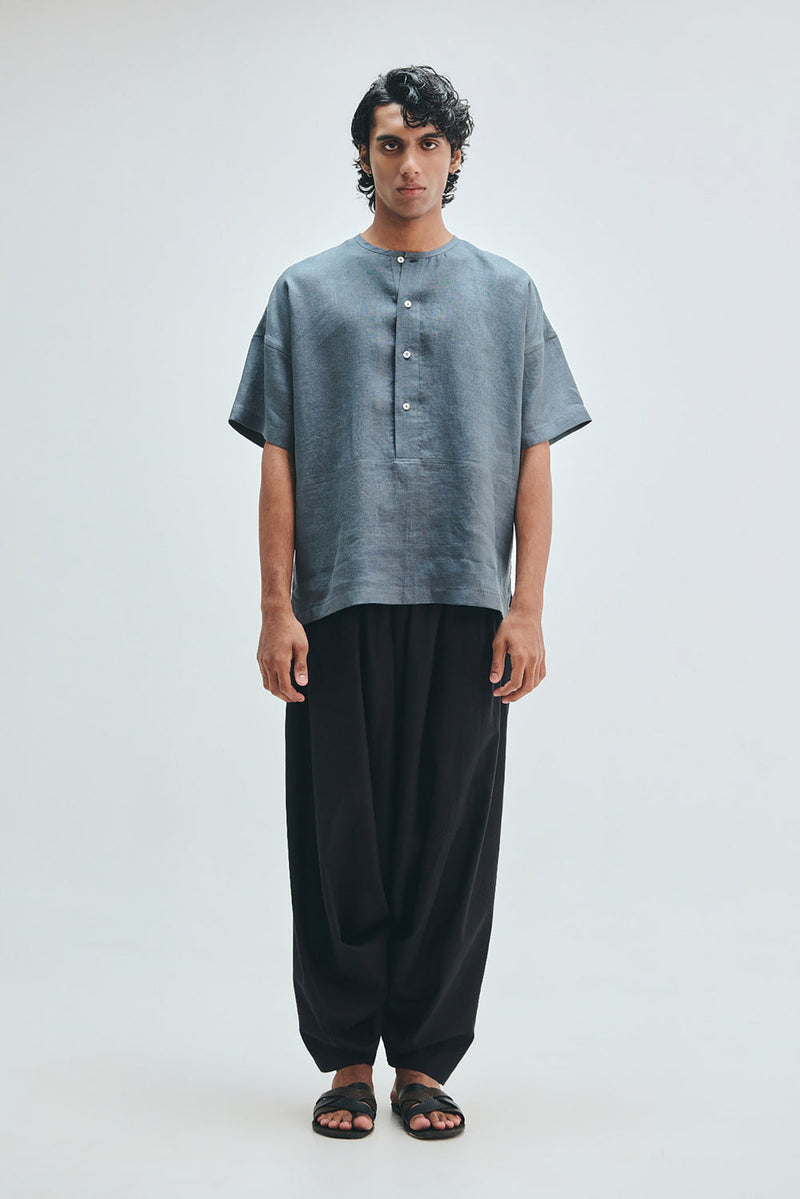 Slate Linen Men’s Half Sleeves Panelled Shirt Kurta linen shirt by Saphed Men in grey for men in Singapore
