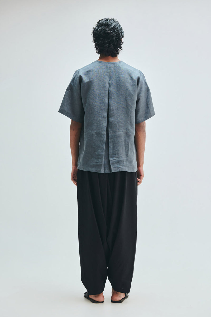 Slate Linen Men’s Half Sleeves Panelled Shirt Kurta linen shirt by Saphed Men in grey for men in Singapore