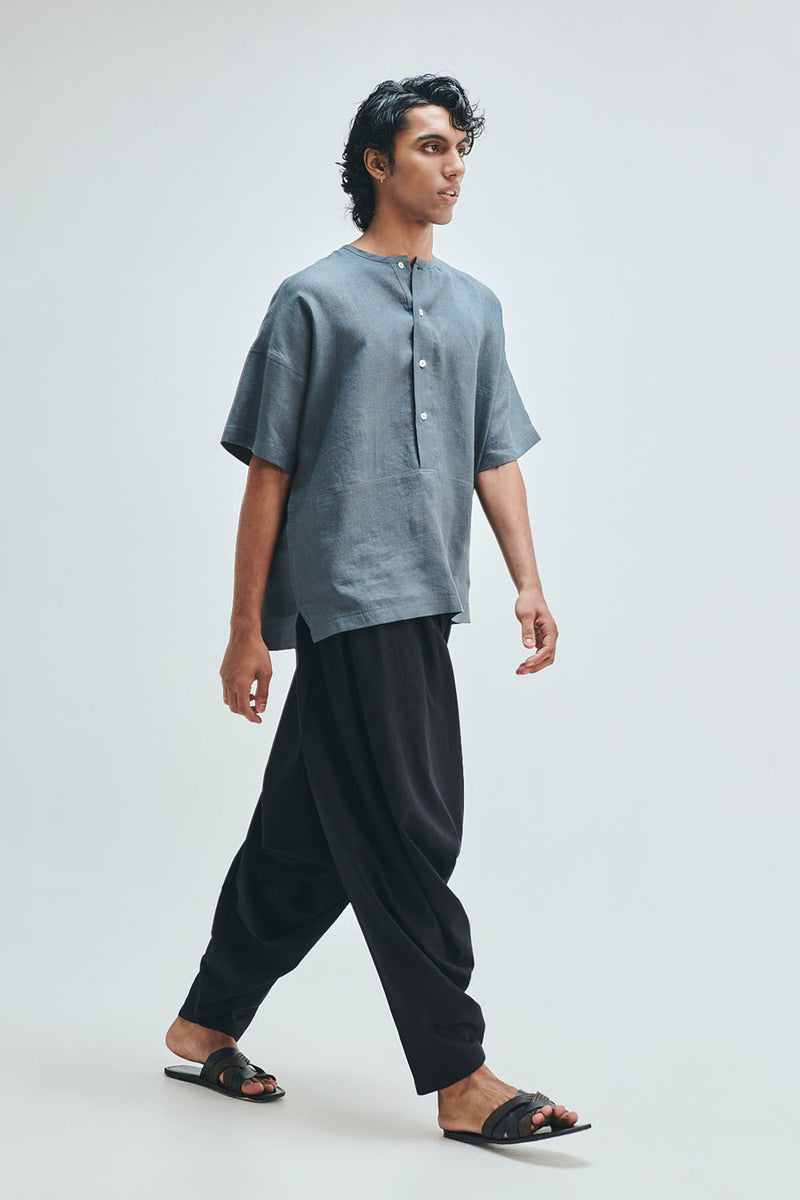 Slate Linen Men’s Half Sleeves Panelled Shirt Kurta linen shirt by Saphed Men in grey for men in Singapore