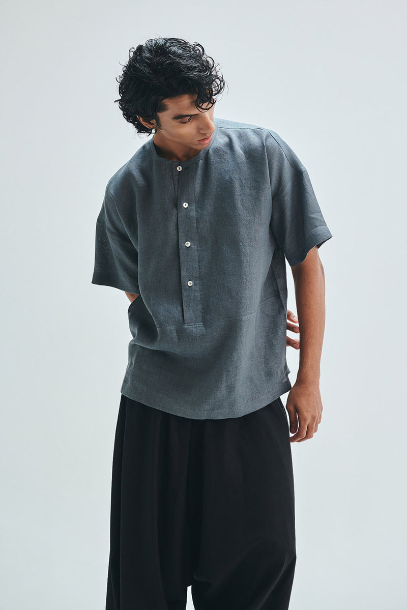 Slate Linen Men’s Half Sleeves Panelled Shirt Kurta linen shirt by Saphed Men in grey for men in Singapore