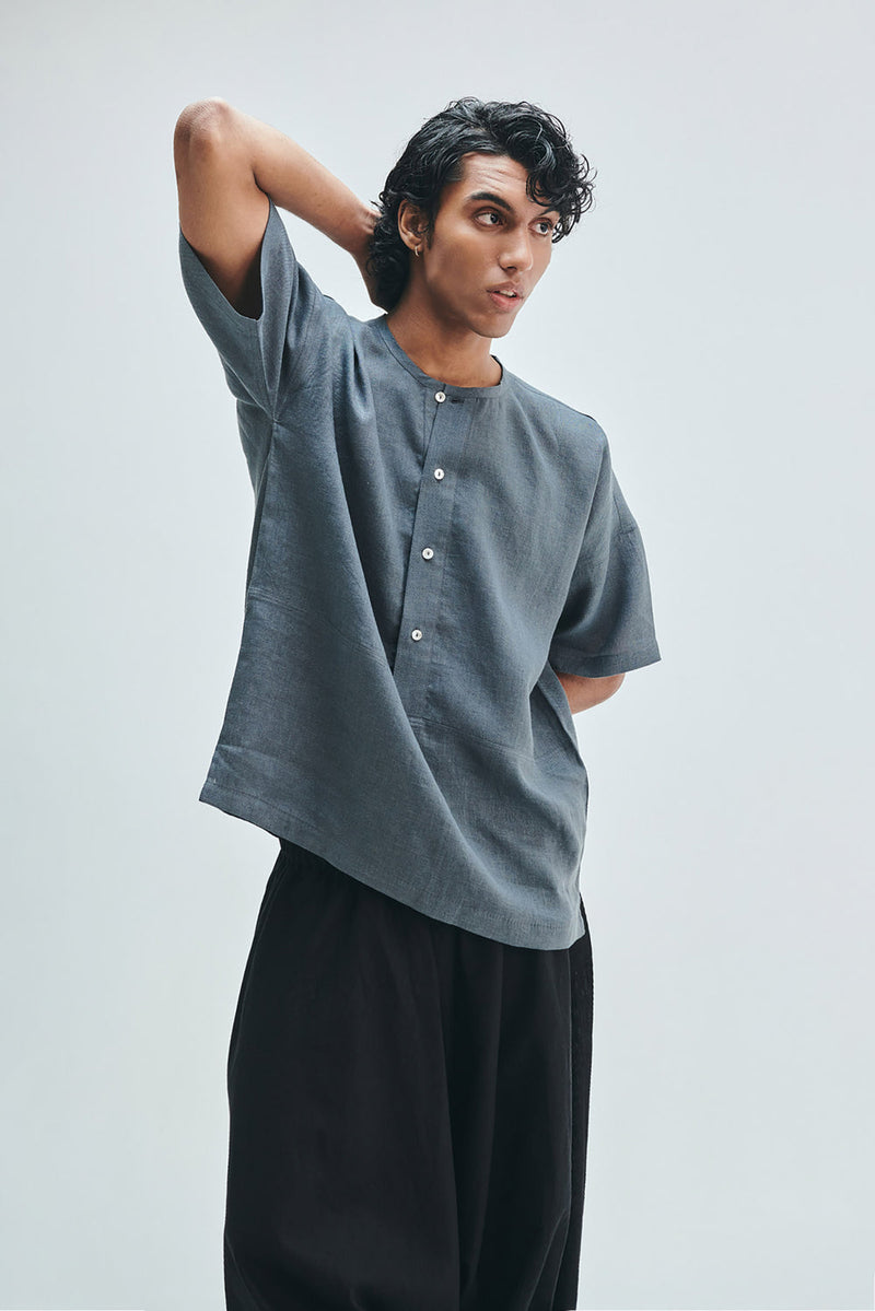 Slate Linen Men’s Half Sleeves Panelled Shirt Kurta linen shirt by Saphed Men in grey for men in Singapore