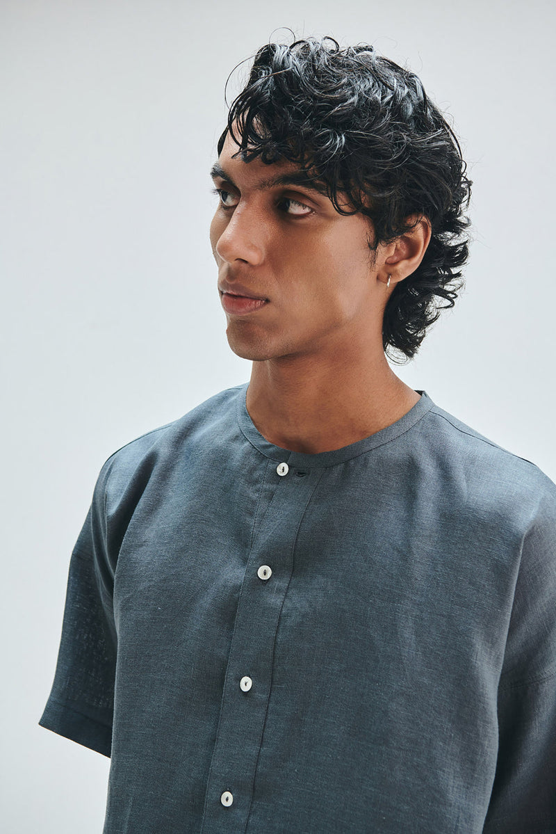 Slate Linen Men’s Half Sleeves Panelled Shirt Kurta linen shirt by Saphed Men in grey for men in Singapore