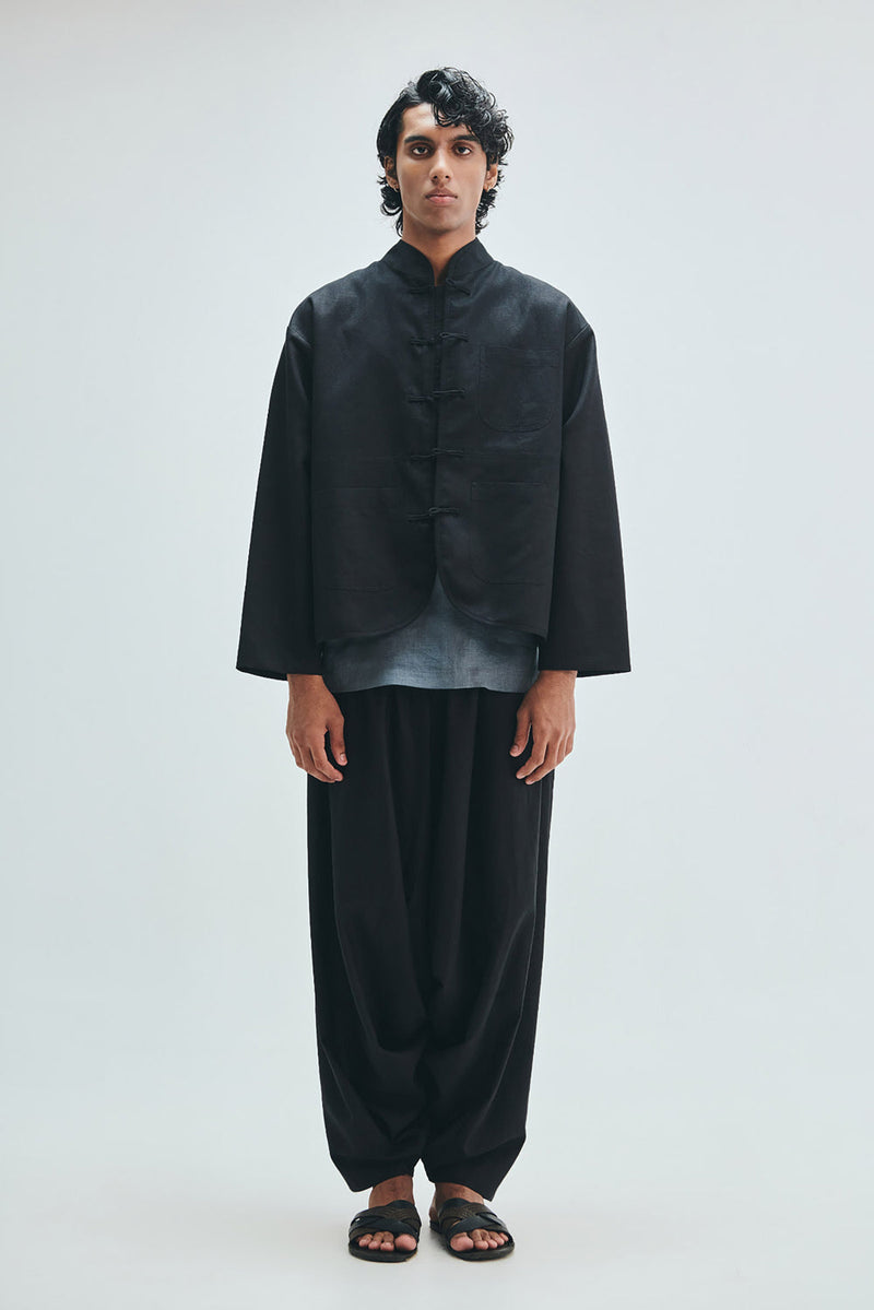 Kohl Co-Linen Men’s Mandarin Collar Jacket cotton linen jacket by Saphed Men in black for men in Singapore
