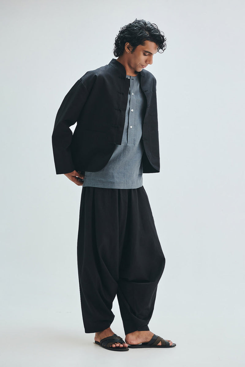 Kohl Co-Linen Men’s Mandarin Collar Jacket cotton linen jacket by Saphed Men in black for men in Singapore