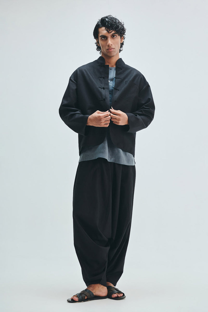 Kohl Co-Linen Men’s Mandarin Collar Jacket cotton linen jacket by Saphed Men in black for men in Singapore