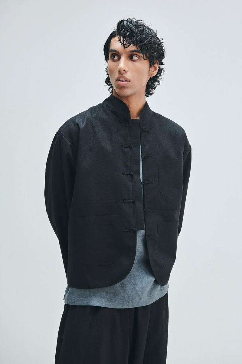 Kohl Co-Linen Men’s Mandarin Collar Jacket cotton linen jacket by Saphed Men in black for men in Singapore