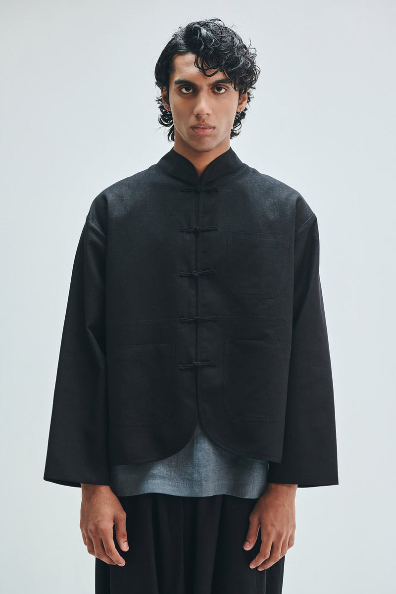 Kohl Co-Linen Men’s Mandarin Collar Jacket cotton linen jacket by Saphed Men in black for men in Singapore