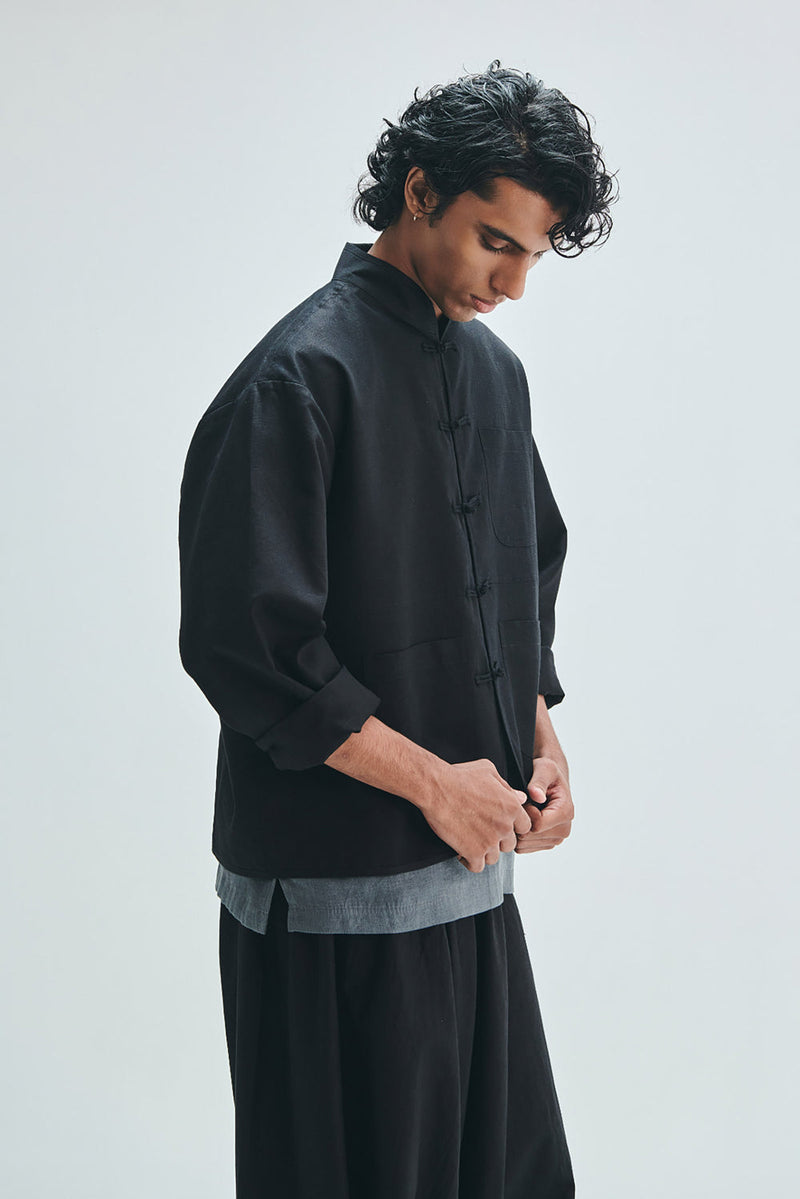 Kohl Co-Linen Men’s Mandarin Collar Jacket cotton linen jacket by Saphed Men in black for men in Singapore