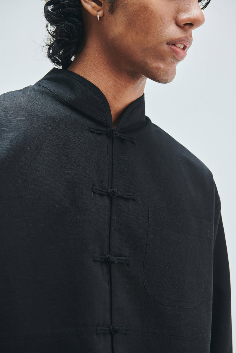 Kohl Co-Linen Men’s Mandarin Collar Jacket cotton linen jacket by Saphed Men in black for men in Singapore