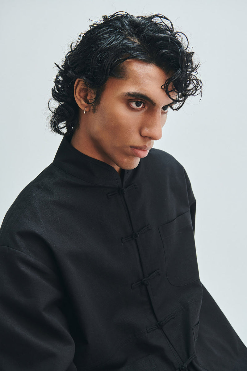 Kohl Co-Linen Men’s Mandarin Collar Jacket cotton linen jacket by Saphed Men in black for men in Singapore