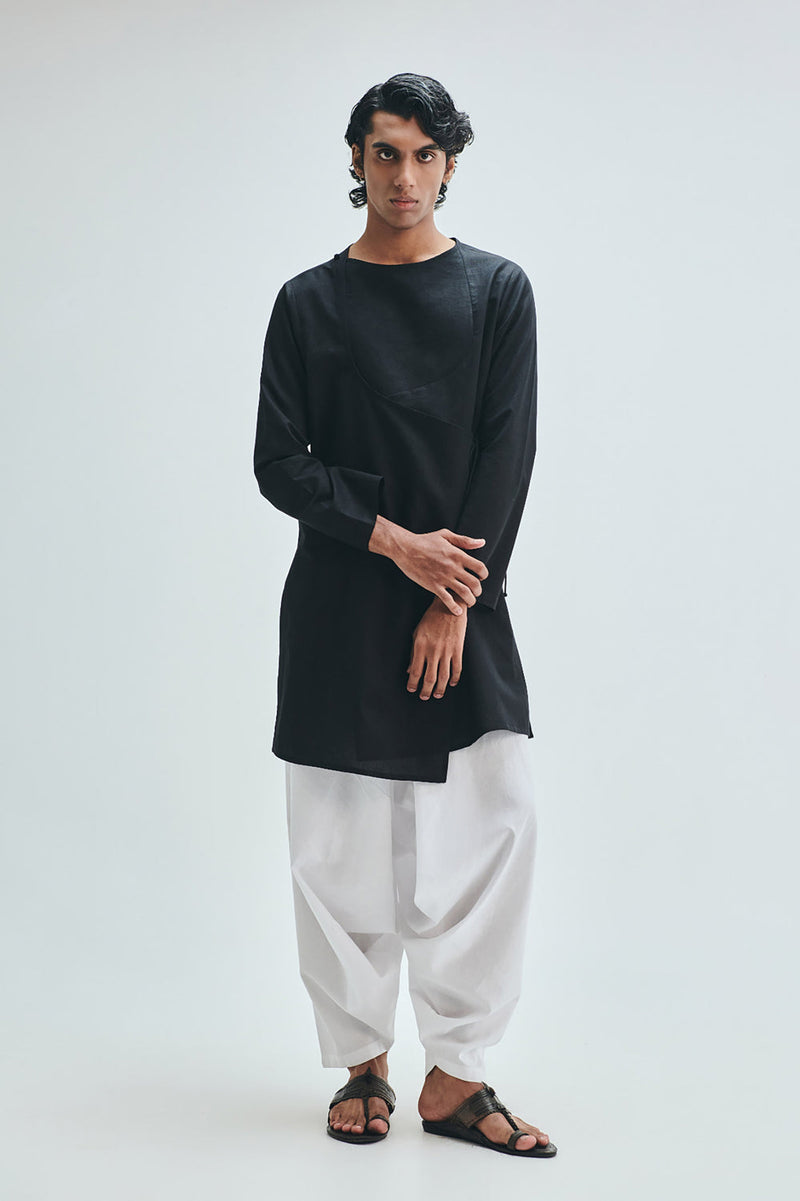 Kohl Co-Linen Men’s Angrakha Kurta cotton linen kurta/kurta set by Saphed Men in black for men in Singapore