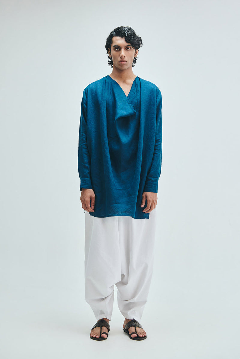Indigo Linen Men’s Cowl Neck Kurta linen kurta/kurta set by Saphed Men in blue for men in Singapore