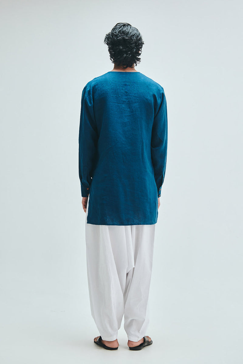 Indigo Linen Men’s Cowl Neck Kurta linen kurta/kurta set by Saphed Men in blue for men in Singapore
