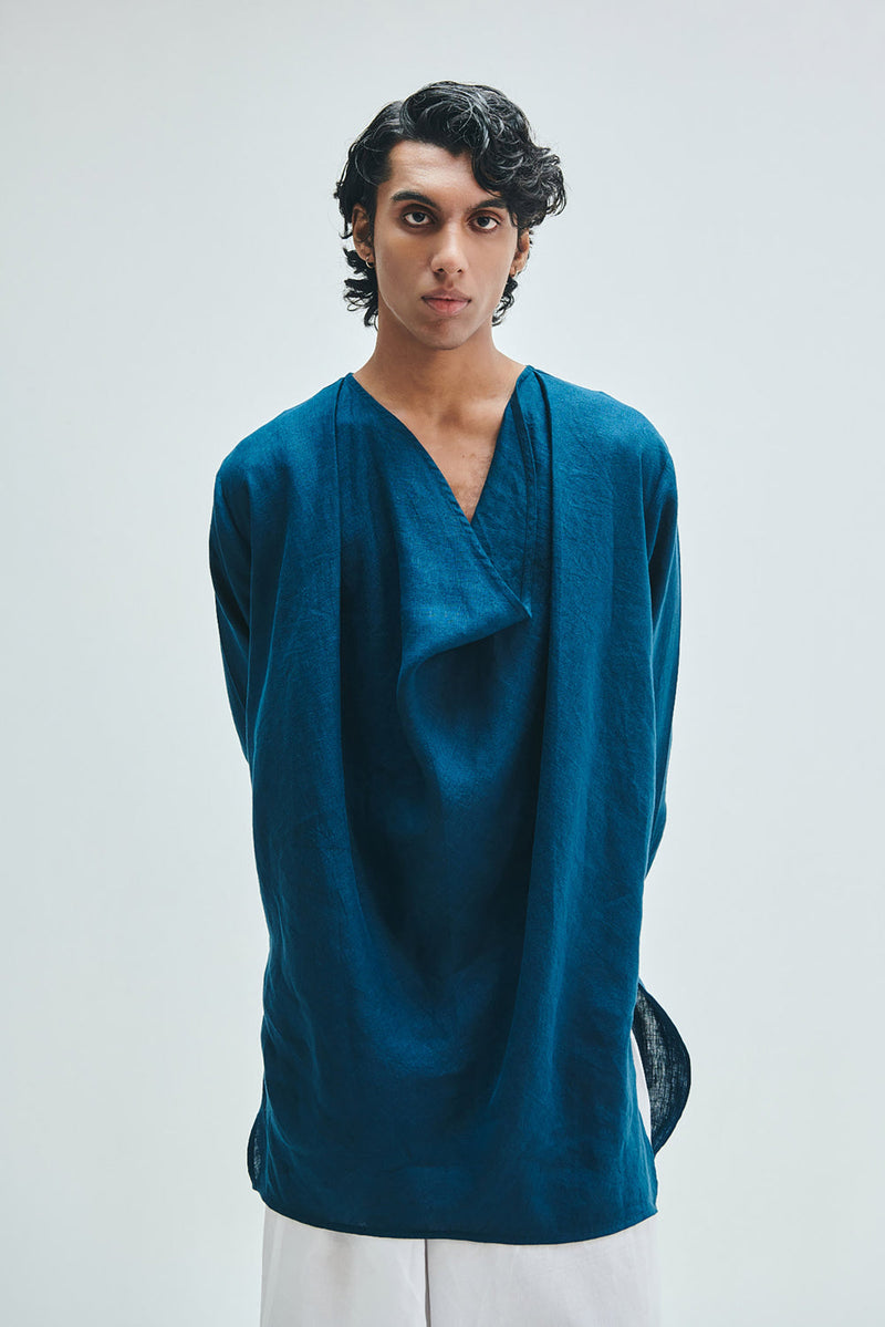 Indigo Linen Men’s Cowl Neck Kurta linen kurta/kurta set by Saphed Men in blue for men in Singapore