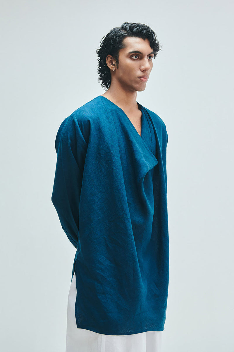 Indigo Linen Men’s Cowl Neck Kurta linen kurta/kurta set by Saphed Men in blue for men in Singapore