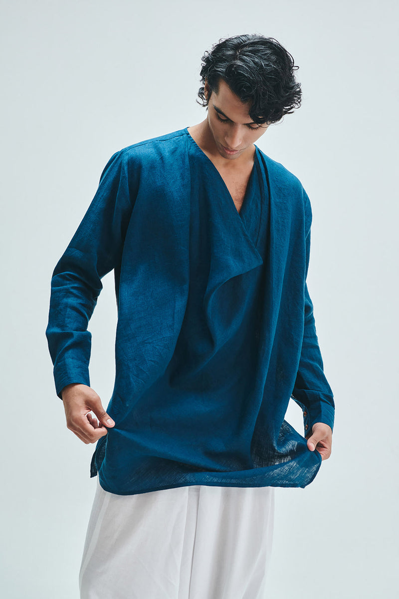 Indigo Linen Men’s Cowl Neck Kurta linen kurta/kurta set by Saphed Men in blue for men in Singapore