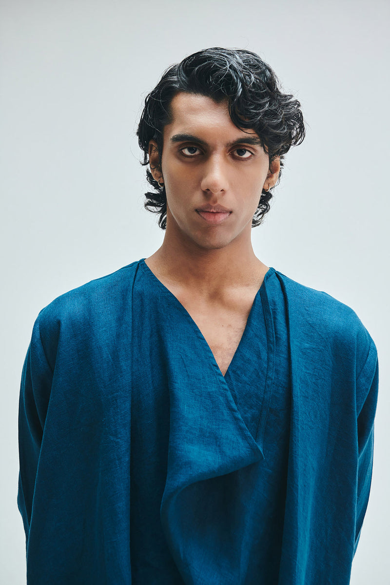 Indigo Linen Men’s Cowl Neck Kurta linen kurta/kurta set by Saphed Men in blue for men in Singapore