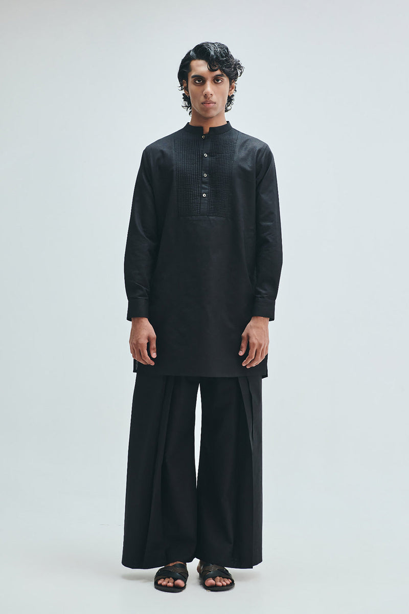 Kohl Co-Linen Men’s Pleated Yoke Kurta Set cotton linen kurta/kurta set by Saphed Men in black for men in Singapore