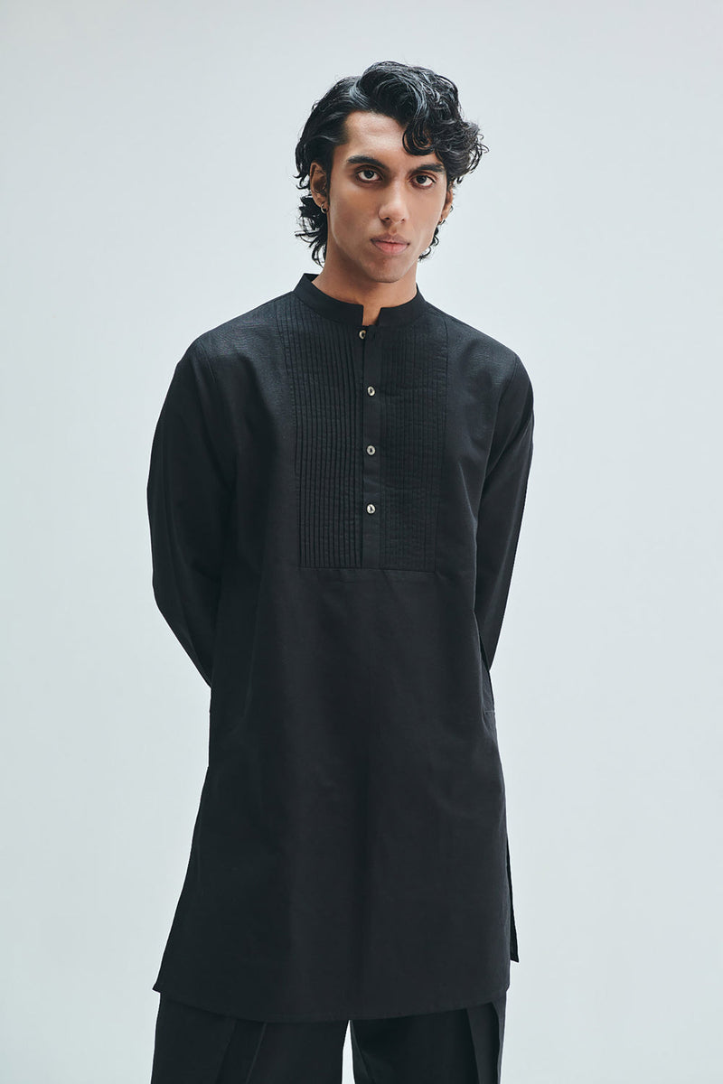 Kohl Co-Linen Men’s Pleated Yoke Kurta Set cotton linen kurta/kurta set by Saphed Men in black for men in Singapore