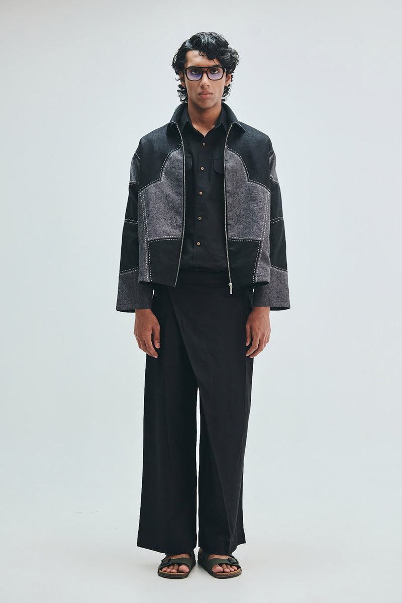Linen Kantha Men’s Applique Panelled Jacket linen jacket by Saphed Men in black for men in Singapore