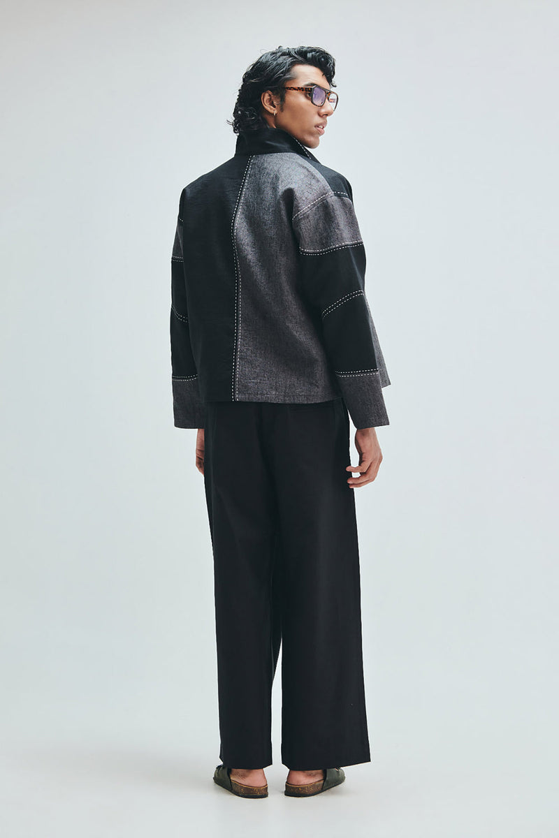 Linen Kantha Men’s Applique Panelled Jacket linen jacket by Saphed Men in black for men in Singapore