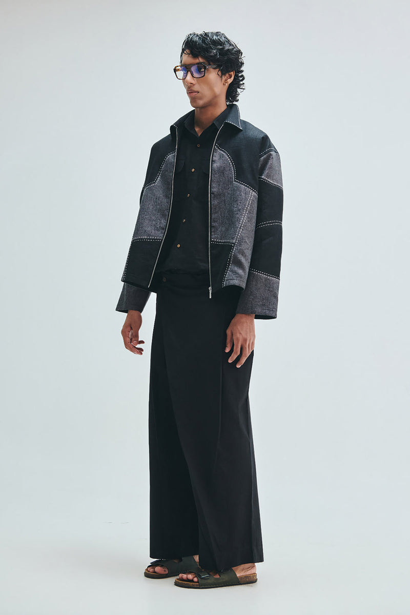 Linen Kantha Men’s Applique Panelled Jacket linen jacket by Saphed Men in black for men in Singapore