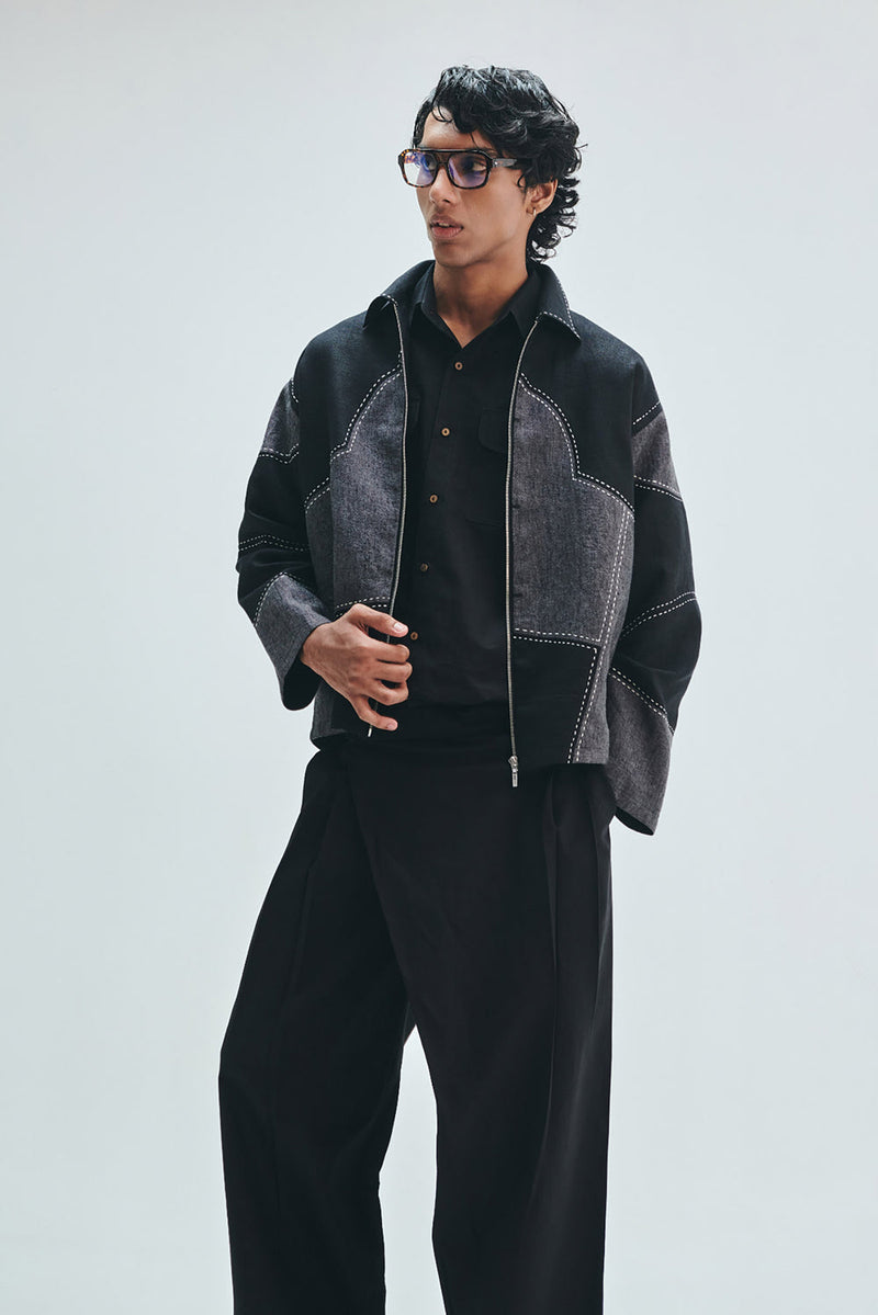 Linen Kantha Men’s Applique Panelled Jacket linen jacket by Saphed Men in black for men in Singapore