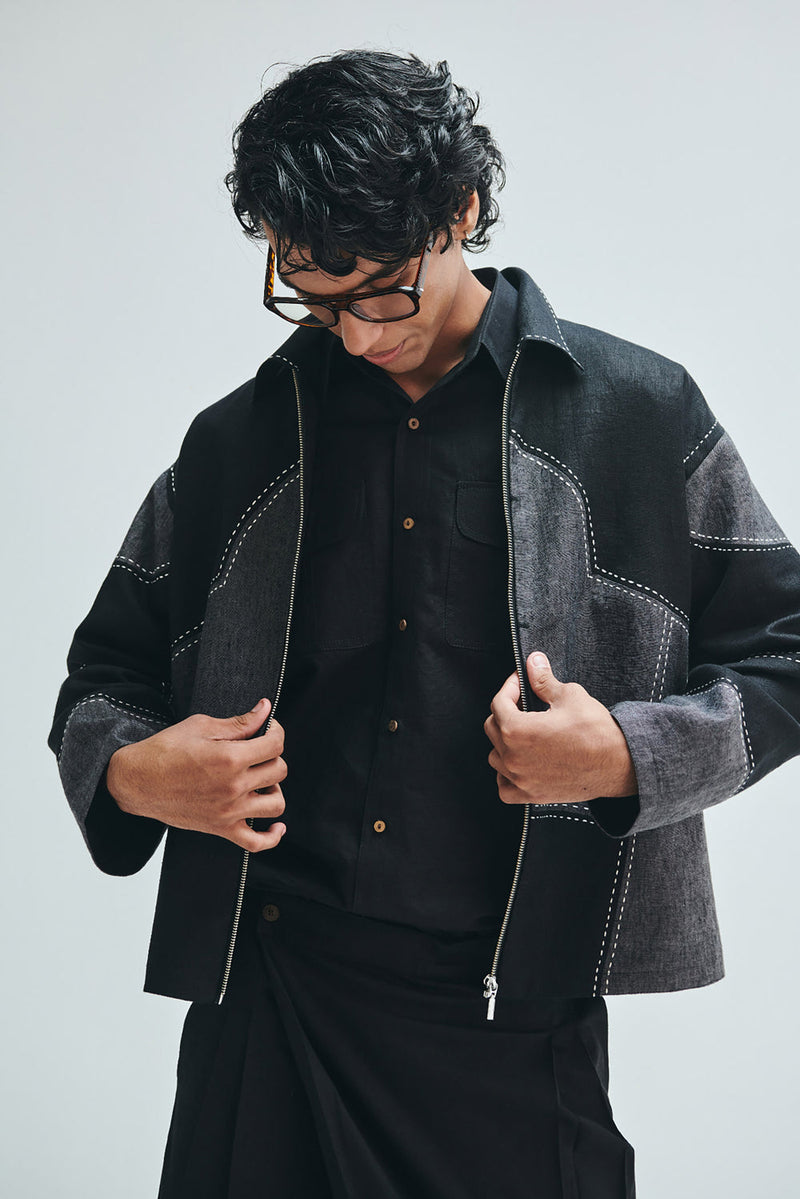 Linen Kantha Men’s Applique Panelled Jacket linen jacket by Saphed Men in black for men in Singapore